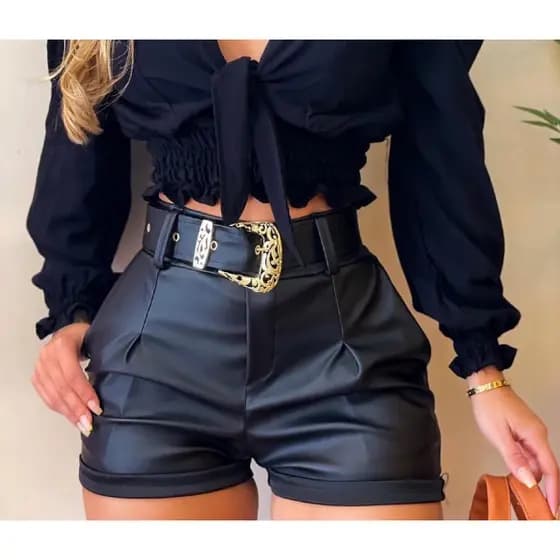 Shorts Feminino  Luxo em Couro fake Cinto com Fivela