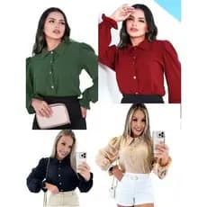 Camisa Feminina Social com Botão  Manga Longa Elegante no Tecido Duna  Super Tendências 2025