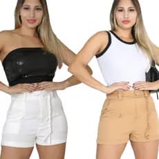 Short  Feminino Cintura Alta Tecido Alfaiataria com Cinto Cordão Moda Verão Cores Variados