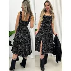 Vestido  Feminino Mídi Romântico Estampado  Floral com Alça e Elastex Cruzado Costa Tendencia 2025