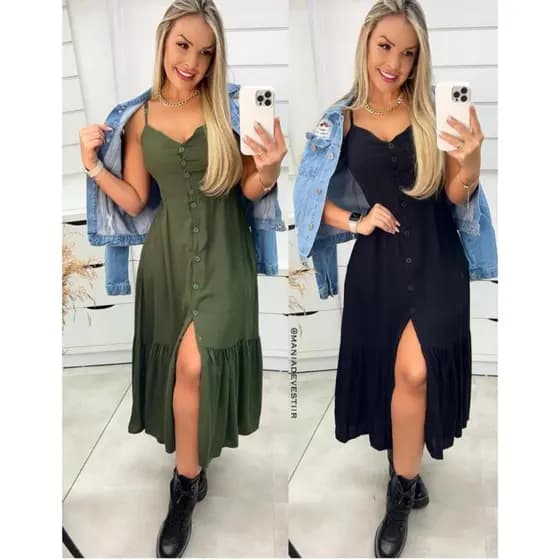 Vestido Feminino Longo Com Botões A Frente Com Babado e Bojo  Elástico Costas Viscolinho Moda 2026