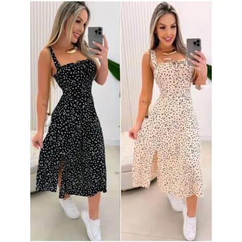 Vestido Mídi Romântico Estampado  Floral com Alça e Elastex Cruzado Costa Tendencia 2025