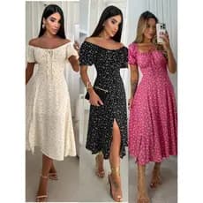 Vestido Feminino Mídi Romântico Floral com Manguinha e Elastex Cruzado Costa Tendencia 2026