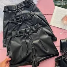 Short Feminino Couro Courino Com Cinto De Cordão Amarração Social Tendencia 2026