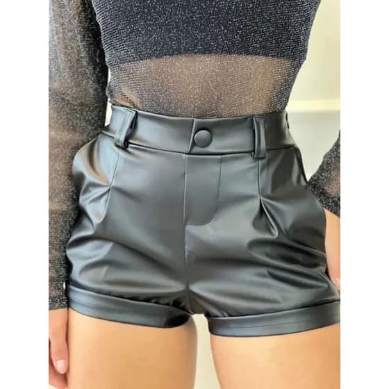 Shorts Cintura Alta Courino Com Zíper Na lateral ,Bolso e Botão Pressão