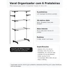 Varal De Chão 3 Andares Dobrável Com Bandejas Cabideiro Preto Organizador Roupas
