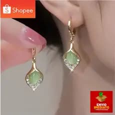 Brinco Feminino de Luxo Olho de Anjo com Pedra Jade Pendente Dourado Elegante Jóia Fina Acessório Moda Clássico Presente