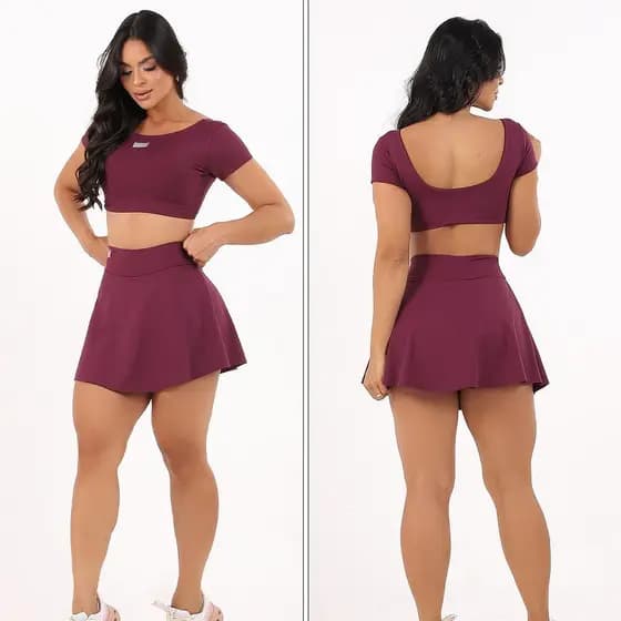 Look de Academia Cropped Short Saia Top de Manga Costa Aberta Saia Rodada Beach Tennis Roupa Feminina de Academia