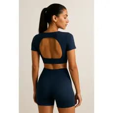 Conjunto Academia Top Manga Curta Cropped Costa Aberta + Short Colado Mini Short Verão blogueira Roupa de Academia