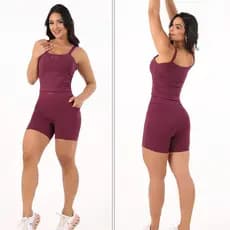 Kit 2 Conjuntos Fitness Regata Short com Bolsos Cintura Alta Zero transparência Roupa de Academia Corrida Musculação