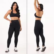 Kit 2 Conjuntos Poliamida Top + Legging Fitness Cós Alto Calça Feminina com Bolsos Cropped Halter Costa Academia