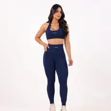 Conjunto Fitness Calça Legging com Bolsos Top Frente única Costa Aberta Poliamida Corrida Zero transparência