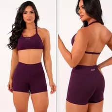 Short Curto e Top Poliamida Halter Costa Aberta Mini Short Empina Bumbum Roupa de Treino Conjunto de Academia