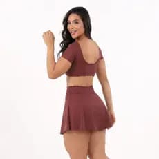 Kit 2 Conjunto Fitness Cropped manga + Short Saia Rodada Top Saia Tenista Roupa de Academia Musculação Yoga