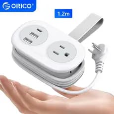 Régua de energia portátil ORICO com porta de carregamento USB tipo C, protetor contra surtos, tomada branca e preta AP3