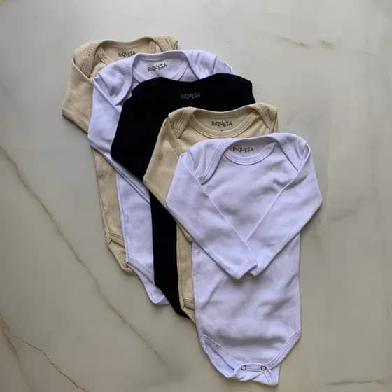 Kit 5 Manga Longa Neutro Canelado Algodao Body Bebe Menina Menino