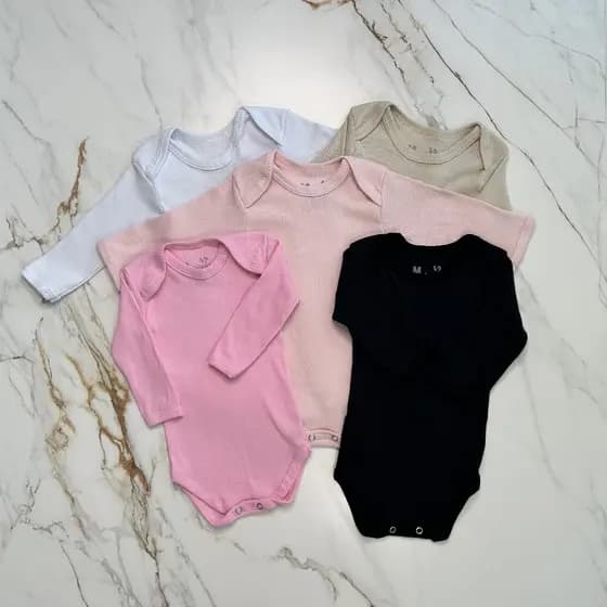 Kit 5 Body Bebe Menina Malha Canelada Manga Longa Algodao Verao Inverno