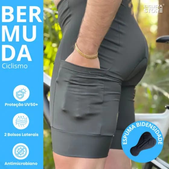 Bermuda de Ciclismo Masculina Almofadada Alta Densidade Com Dois Bolsos Forro De Espuma