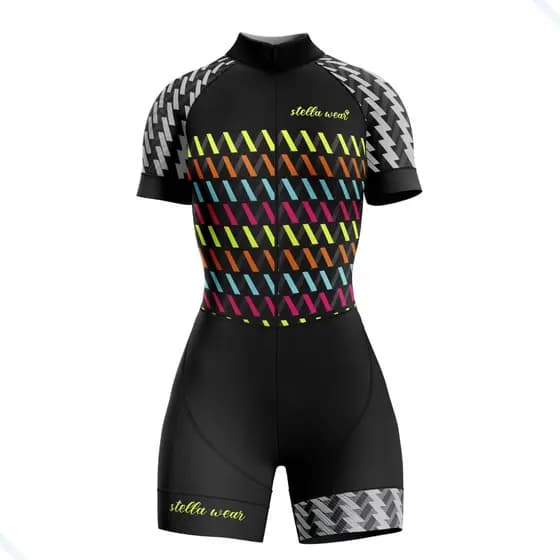 MACAQUINHO CICLISMO STELLA WEAR ZIG ZAG PRETO COM BOLSOS UV+