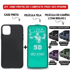 Kit 3 em 1 Case Preta + Película Cerâmica + Lente Câmera Diamante Compatível iPhone 11 12 13 14 15 16 Pro Max royal