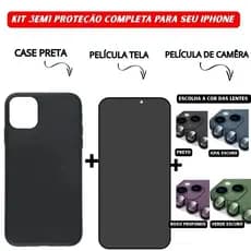Kit 3 em 1 Case Preta + Vidro 3D Privacidade + Lente Câmera Colorida Compatível iPhone 11 12 13 14 15 16 Pro Max royal