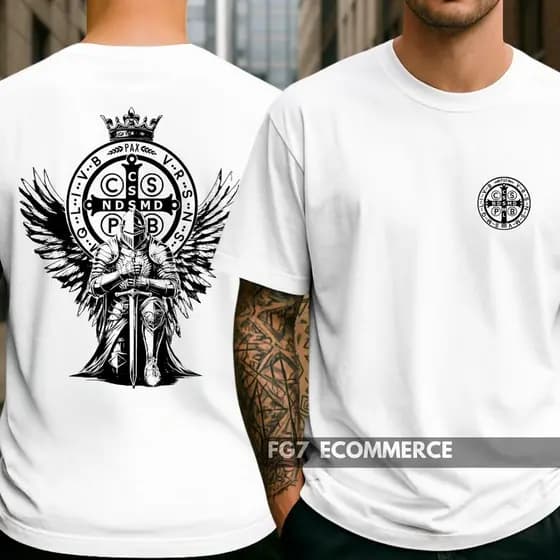 Camiseta Unissex Catolica Medalha São Bento Fé Cavaleiro Cristã Cruz Sagrada Religiosa