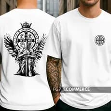 Camiseta Unissex Catolica Medalha São Bento Fé Cavaleiro Cristã Cruz Sagrada Religiosa