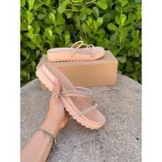 Papete flat bege feminino casual passeio sandália