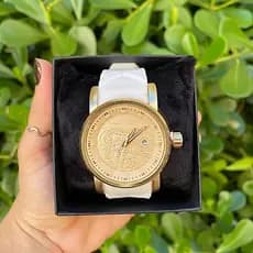 Relógio Masculino Casual Branco e Dourado Pulseira de Silicone Analógico Elegante