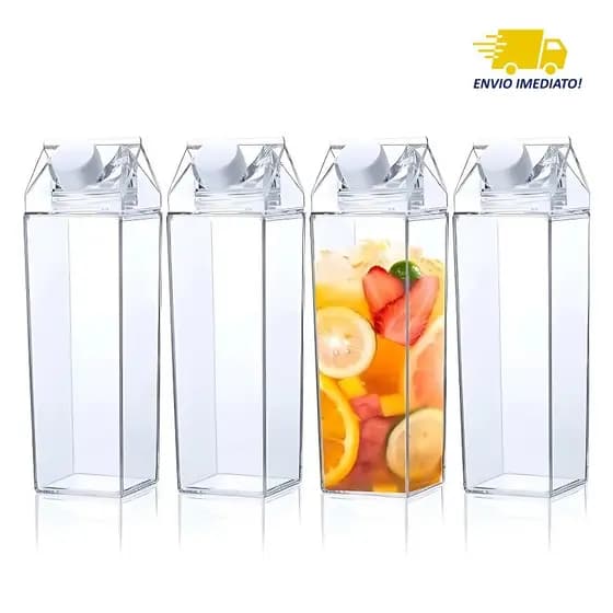KIT Garrafa 1 Litro Acrílico Multiuso Quadrada Suco Leite Agua Chá com Tampa