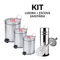Kit Lixeira de Aço Inox 3L 5L 12L + Escova Sanitária c/ Suporte em Inox