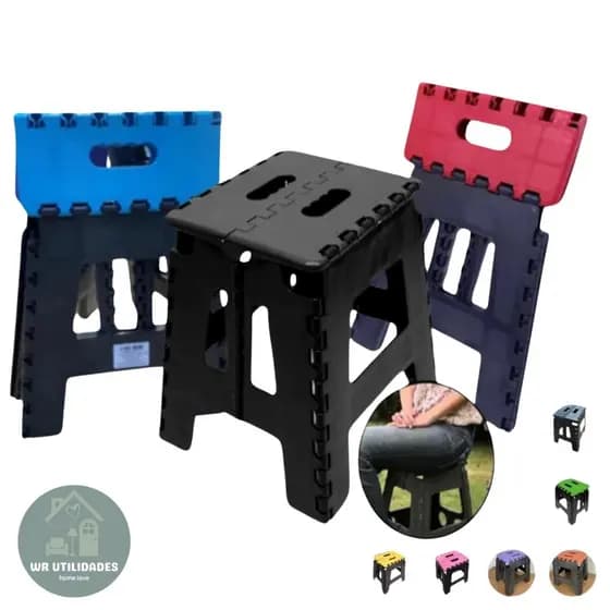 Kit Banco Dobravel Diversas Cores Banquinho Portatil Banqueta Plastico Multiuso Resistente Compacto Camping Pesca 100 kg