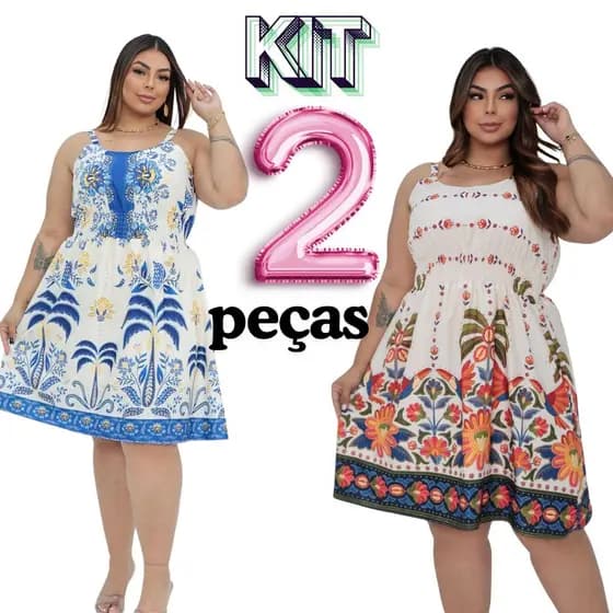 Kit 2 Vestidos Curtos Plus Size Verão com Lastex e Alça Ajustável estampa exclusiva