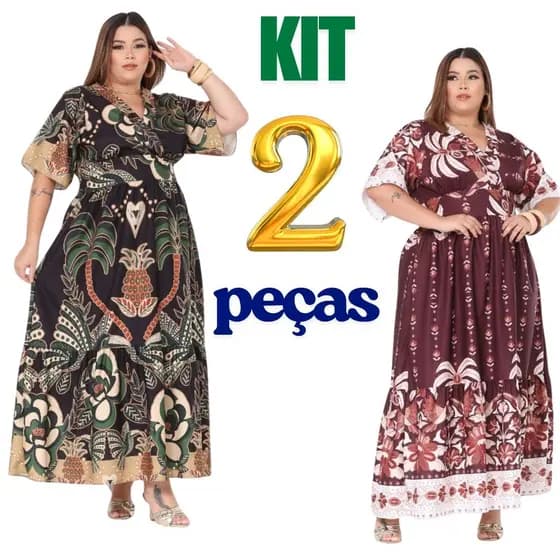 Vestido Longo Plus Size kit 2 peças  com elástico  nas Costas  elegante e moderno, manga curto