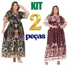 Vestido Longo Plus Size kit 2 peças  com elástico  nas Costas  elegante e moderno, manga curto