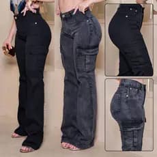 Calça Jeans Wide Leg Cargo Feminina Cintura Alta com Lycra Premium