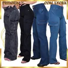 Calça Jeans Feminina Wide Leg Cargo Cintura Alta com Lycra Elástano conforto e moda