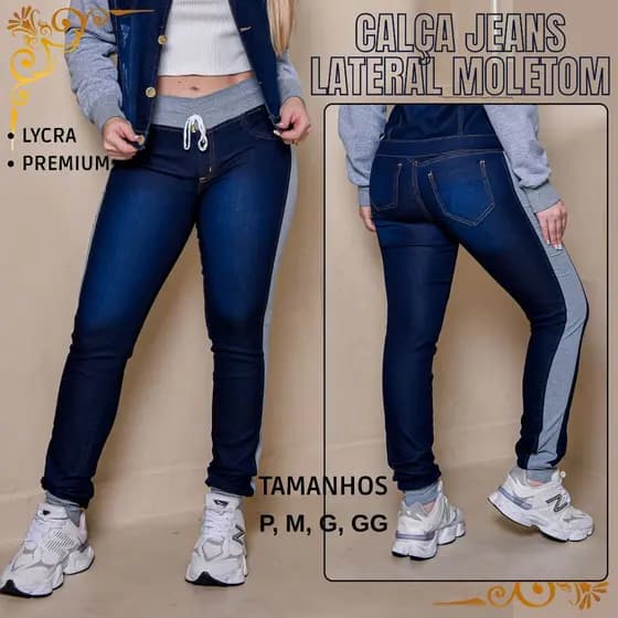 Calça Jeans Feminina detalhe em Moletom Cintura Alta com Lycra Levanta Bumbum