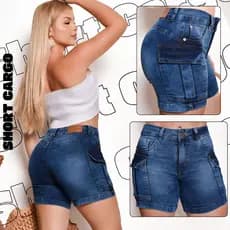 Short cargo Jeans feminino com lycra estica SKY cintura alta PREMIUM