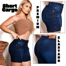 Bermuda Jeans Feminina Cargo Meia Coxa com Bolsos Laterais e Cintura Alta Com Lycra premium