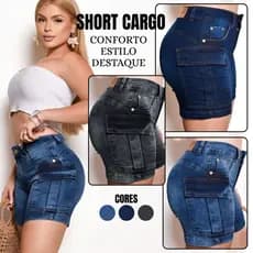 Short Jeans Feminino Cargo Cintura Alta com Lycra