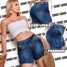 Short Cargo Jeans Feminino Cintura Alta Levanta Bumbum Com Lycra Bolso Na Lateral