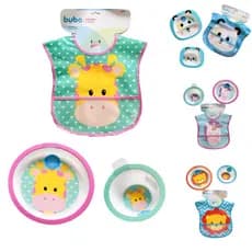 KIT 03 Peças Buba Prato + Bowl + Babador Impermeável Com Bolso Pega Migalhas Menino Menina Bebê Introdução Alimentar
