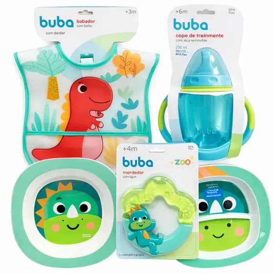 Super Kit 05 Peças Buba Kids Alimentação Babador, Mordedor, Prato + Bowl e Copo de Treinamento
