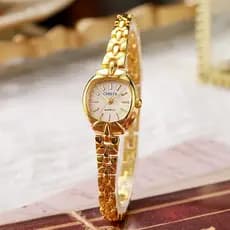 Relógio de pulso exclusivo para mulheres, relógio pequeno de alta qualidade, relógio de quartzo vintage dourado.