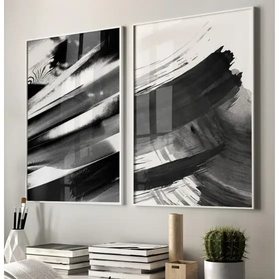 Quadro Abstrato Preto E Branco Com Moldura Quadro Decorativo Escritório Quadro Sala Pinceladas Duo