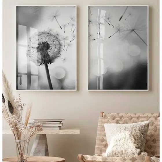 Quadro Dente De Leão Preto E Branco Com Moldura E Vidro Quadro Decorativo Sala Grande Desfocado Duo