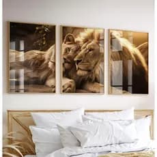 Quadro Decorativo Com Moldura E Vidro Para Sala Quarto Casal Escritório Trio Dourado Casal De Leões