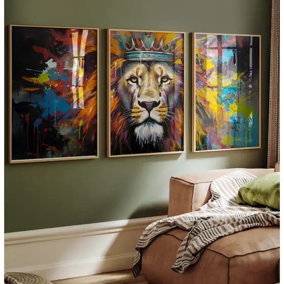Quadro Leão Quadro Com Moldura E Vidro Quadro Decorativo Sala Quarto Quadro Abstrato Colorido Trio