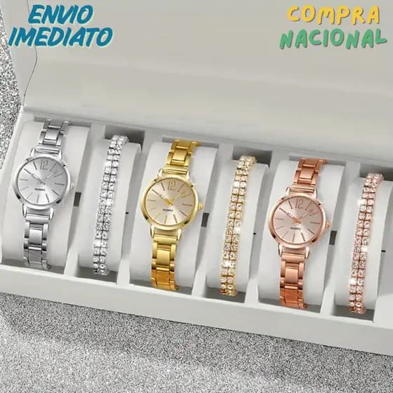 Relogio Aço e Pulseira Strass Feminino Dourado Rose Prateado Presente